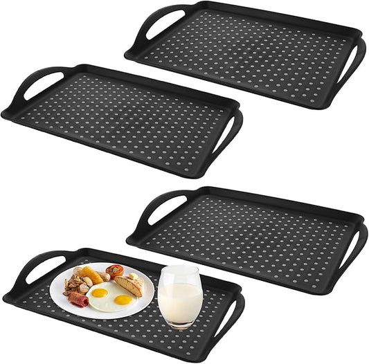 4 PCS Non-Slip Plastic Serving Trays with Handles Black Grill Prep Trays for Prep Carry Rectangular Plastic Food Tray for Serving Food, Snack,Breakfast Drink(16.5x11.4x1.6 inch)