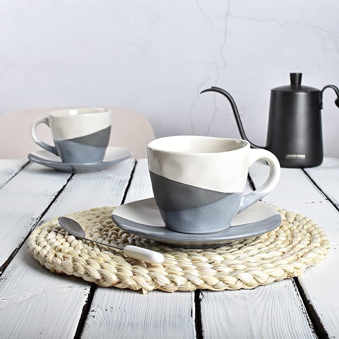 Bosmarlin Stoneware Coffee Cup Mug and Saucer Set of 2 for Latte, Cappuccino, Tea, 9 Oz, Dishwasher and Microwave Safe (Grey, 2)