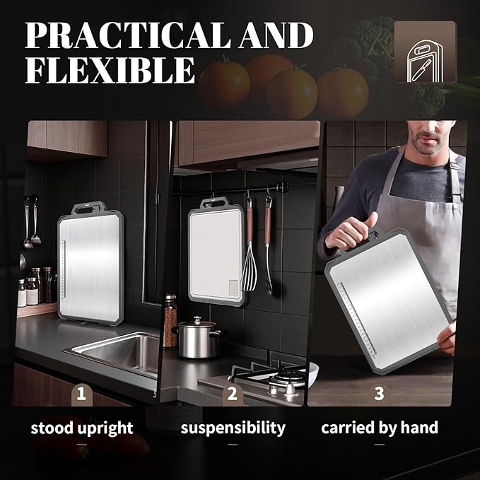 1PCS Stainless Steel Cutting Board, Double Sided Non Toxic Chopping Board for Kitchen, Food Grade, Easy to Clean, 17.2"*12" Large Size (1 side Stainless Steel Other side Wheat Straw PP)