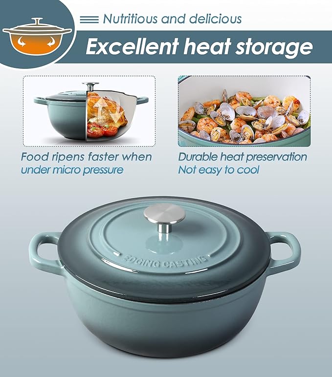 EDGING CASTING Enameled Cast Iron Dutch Oven Pot with Lid for Sourdough Bread Baking, Bread Dutch Ovens, Cooking Pots, 5 Quart, Slateblue