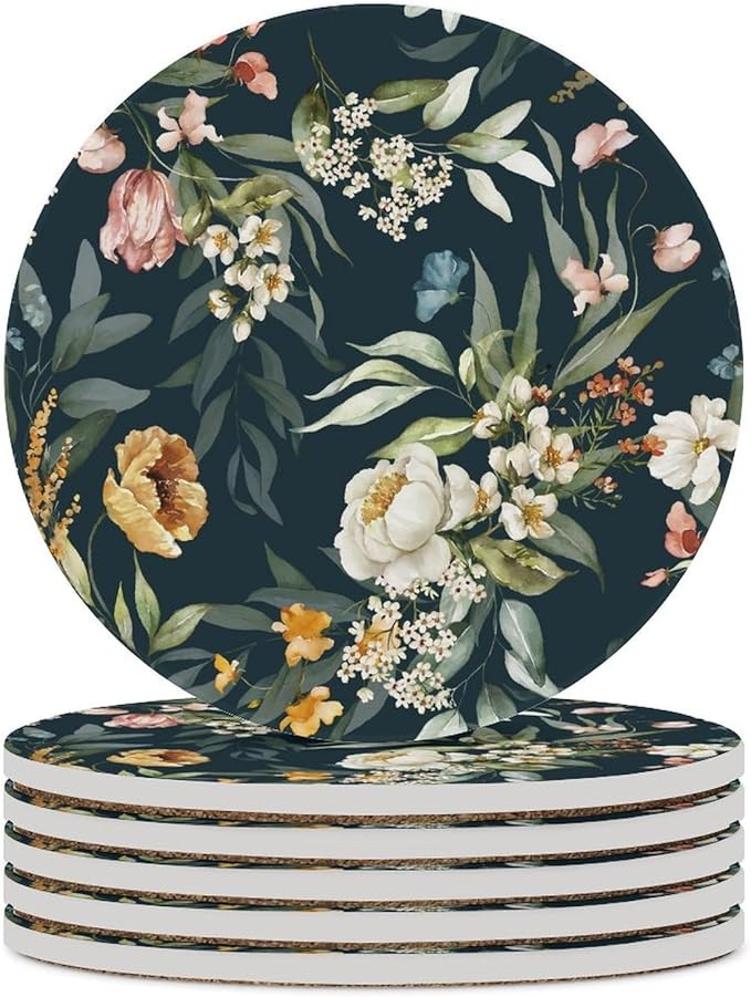 Round-6PCS Floral Ceramic Coasters, Round Absorbent Drink Coasters, Watercolour Leaf Flower Herb Nature Plant Floral Ceramic Table Coasters for Coffee, Beverage, Wine, Beer Coasters