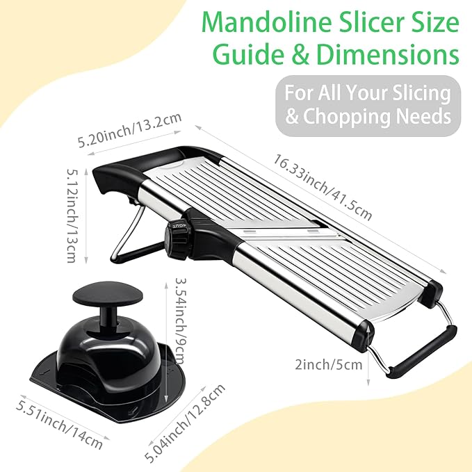 Stainless Steel Mandoline Slicer & Onion Chopper - French Fry Cutter with Safety Pusher | No-Cut Glove & Click-Lock | Adjustable 3-9mm Slices/4.5-9mm Shreds