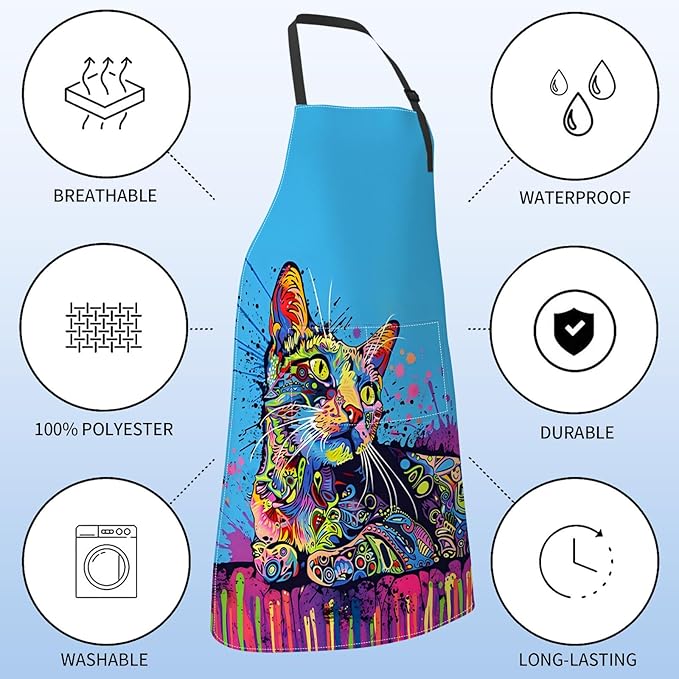 Colorful Cat Apron for Women,28x33in,Fun Artistic Kitten Kitchen Aprons with 2 Pockets,Oxford Fabric,Stylish Creative Adjustable Apron for Cooking Baking Gardening Chef,Gifts for Mom Wife