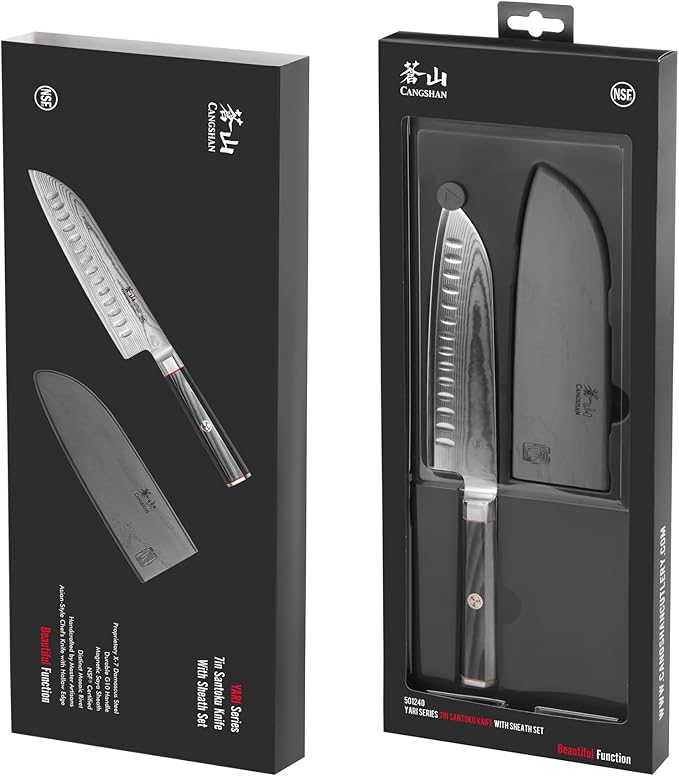 Cangshan YARI Series X-7 Damascus Steel 7-inch Santoku Knife with Sheath