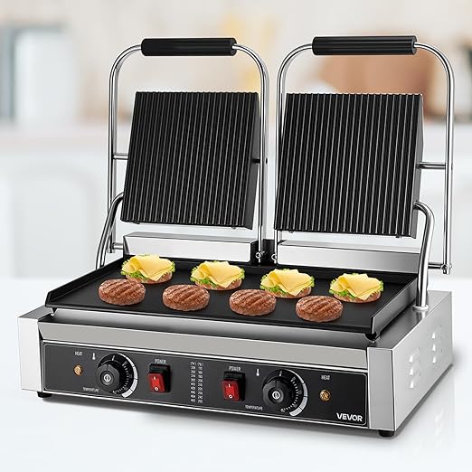 VEVOR Commercial Panini Grill, 3600W Electric Sandwich Panini Maker, Stainless Steel Double Sandwichs Press Grill with Handle and Temp Control, 19x9 in Flat Enamel Plate for Hamburger Steak Bacon