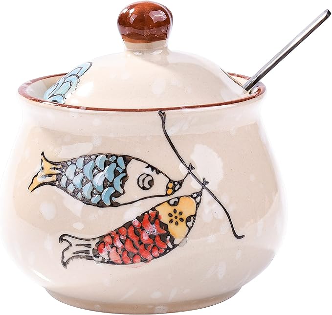 Ceramic Sugar Bowl with Lid and Spoon, Japanese Sugar Bowl with Spoon and Lid (Style 3)