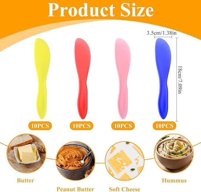 SHENLIU 40 Pcs Plastic Butter Spreader, Multi Purpose Knife Spreader Tools Kitchen Frosting Knives Red Yellow Blue Pink for Cheese Cream Icing Jam Sandwich