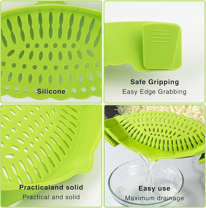 LOGJAM 1 Set Silicone Clip-on Strainer for Pots and Stainless Steel Food Tong, Heat Resistant Pasta Strainer and Tongs for Kitchen