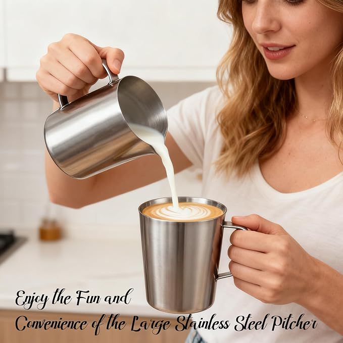 Stainless Steel Water Pitcher with Lid, 2L Stainless Steel Pitcher 8 Cup Metal Measuring Cup with Handle, Large 70 oz Milk Frothing Pitchers for Coffee, Iced Tea, Hot & Cold Water