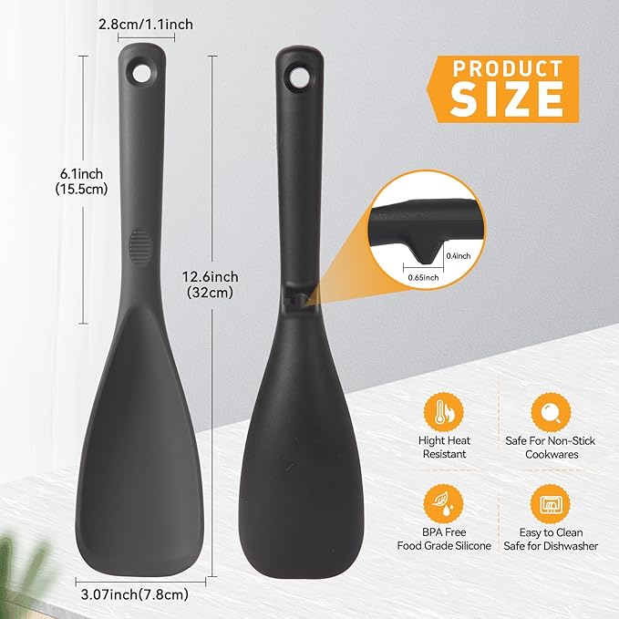 Multifunction Cooking Spoons for Nonstick Cookware, Seamless Design Silicone Spatula Spoon for Mixing, Scoop and Scrape, Dishwasher Safe, Black & Gray