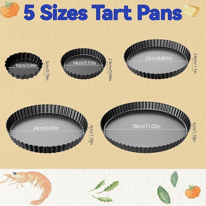 Yiyiring 5 Packs Pie Tart Pans with Removable Bottom 4'' 6" 9" 10" 11" Round Nonstick Quiche Pan Bakeware Pie Tart Molds Steel Flan Tins Fluted Side for Pies Mousse Cheese Cookie Cake Dessert