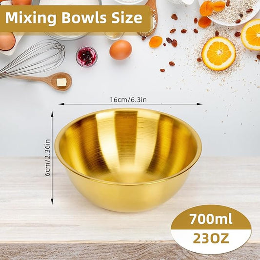 fecoqi 3-Piece Stainless Steel Golden Mixing Bowls (6.3") Metal Bowl with Measurement Marks, Dishwasher Safe & Stackable - Perfect for Baking, Salad Making, Meal Prep