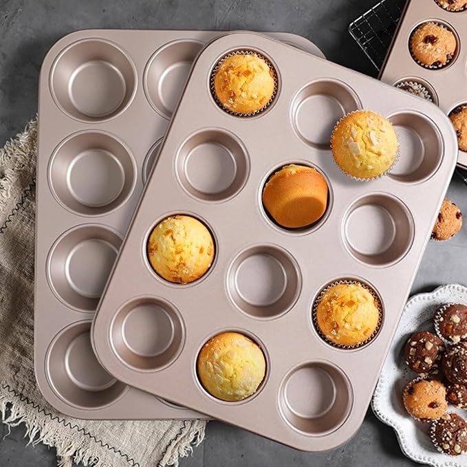 Cayanmydery 12-Cup Muffin Pan Tin for Baking, 2 Packs Nonstick Cupcake Pan Tin, Cup Cake Tray, Cheesecake Pans, Gold