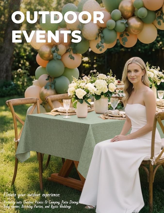 Faux Linen Farmhouse Table Cloth 60"x104" for 6 ft Rectangle Table, Sage Green Waterproof Outdoor Washable Cloth Tablecloth for Rectangular Dining Room Kitchen Outdoor Party Restaurant Decor