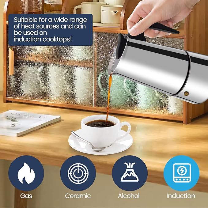 Supvision 2 Cup Moka Pot Stainless Steel 100ml Italian Espresso Coffee Maker Stovetop Coffee Makers Mocha Pot Percolator Greca Coffee Maker for Induction Stove Portable for Easy Brewing Straight