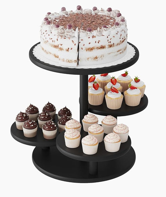 Cupcake Stand, 4 Tier Round Bamboo Wood Black Cupcake Tower Stand for 50 Cupcakes, Tiered Serving Trays, Wood Cake and Cupcake Stand (Black_Bamboo)