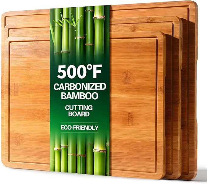 Zarler Bamboo Cutting Boards for Kitchen, Durable Wood Cutting Board with Juice Grooves and Handles, Wooden Chopping Board Set for Meal Prep, 500℉ Carbonized Bamboo, XL Size, Ideal Kitchen Gift