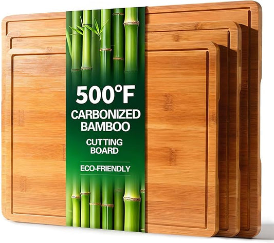 Zarler Bamboo Cutting Boards for Kitchen, Durable Wood Cutting Board with Juice Grooves and Handles, Wooden Chopping Board Set for Meal Prep, 500℉ Carbonized Bamboo, XL Size, Ideal Kitchen Gift