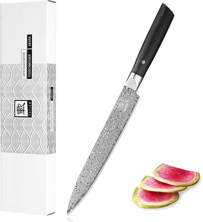 zayiko Carving Knife, 8.3-inch Blade Damascus Chef Knife made of 67 Layers Damascus Steel with VG10 Core, Sharp Kitchen Knives with Black Walnut Wood Handle, Boning Knife for Meat Cutting in Gift Box