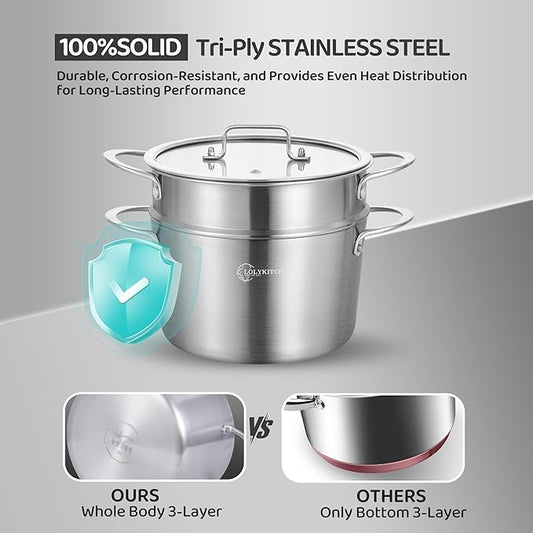 LOLYKITCH Tri-ply Stainless Steel 3 QT Stock Pot with Lid and Steamer,Induction Cooking Pot,Steamer Cookware,Dishwasher and Oven Safe.