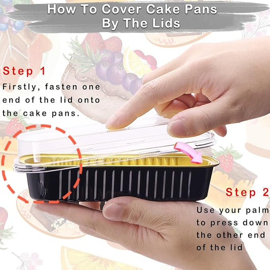 50 Pack Mini Loaf Pans with Lids and Spoons, 6.8 Oz Mini Cake Pans with Lids for Baking,Black Disposable Rectangle Aluminum Foil Loaf Pan with Ribbon Stickers，Small Cake Containers Tin（Black）