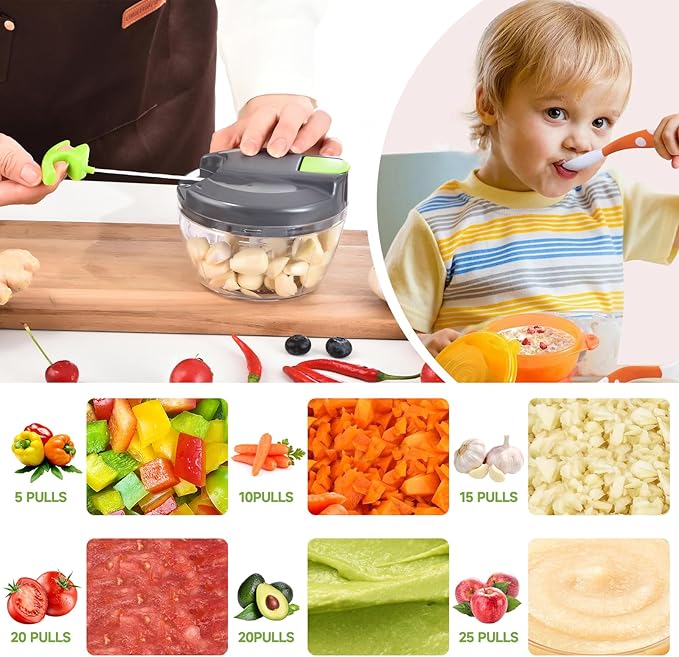 Ziweaye Manual Food Processor Vegetable Chopper, Portable Hand Pull String Garlic Mincer Onion Cutter for Veggies, Ginger, Fruits, Nuts, Herbs, etc., 500ml,（Gray-green）