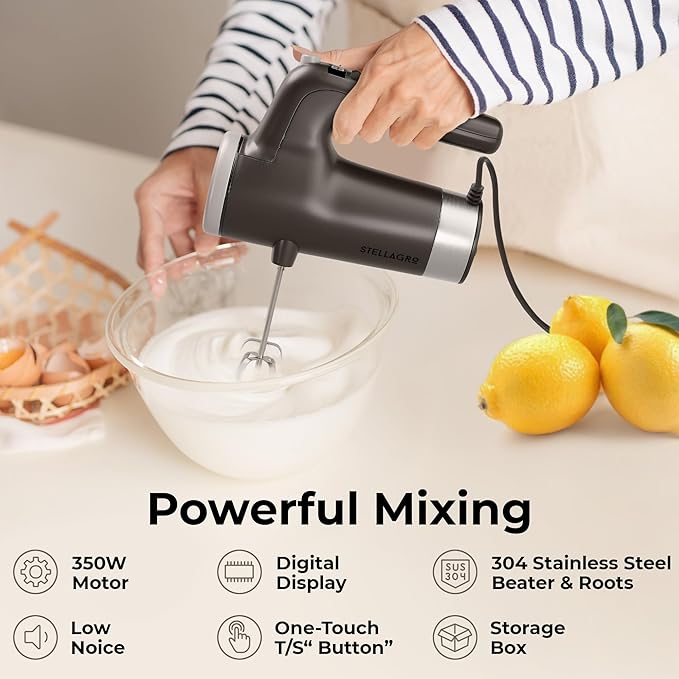 Stellagro Electric Hand Mixer 9 Speed with Stainless Steel Whisk, Flat Beater & Dough Hook, Snap Storage Case, Compact Lightweight 350 W Powerful handheld mixer for Baking & Cooking, Gray