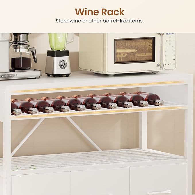 Itaar Bakers Rack with Storage and Power Outlet, 35.4 inch Microwave Stand with Fabric Drawers, Kitchen Coffee Bar Cabinet with Hutch, LED Lights, Wine Rack and Hooks, White
