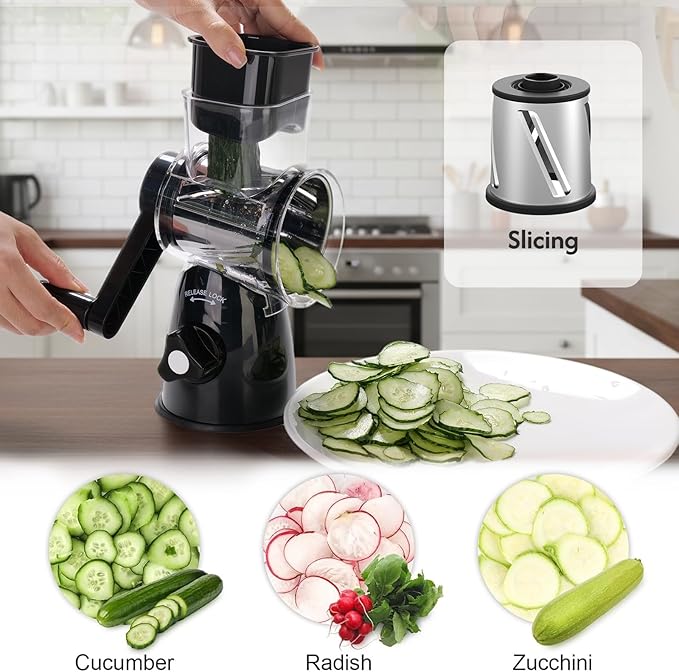 JIUMEXES Rotary Cheese Grater Hand Crank with 3-in-1 Blades - Fast, Safe & Effortless Grating, Perfect for Cheese, Vegetables & Chocolate, BPA-Free with Steel Drums,Black