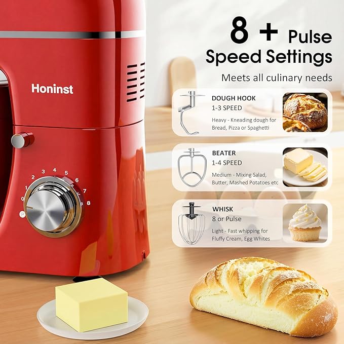 Honinst Stand Mixer, 7-IN-1 6.5QT 660W Multifunctional Electric Kitchen Mixers with Blender, Meat Grinder, Dough Hook, Whisk and Beater, 8-Speed Food Mixer for Baking, Cooking, Food Processing, Red