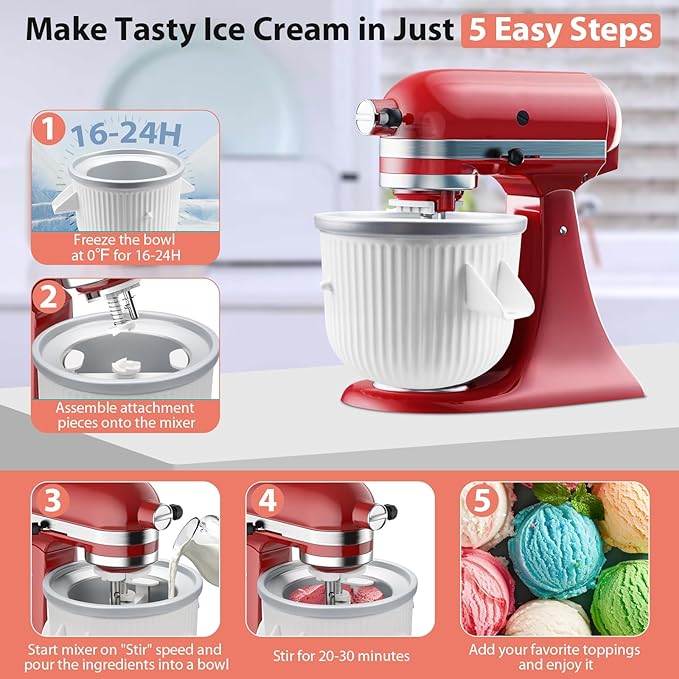 Ice Cream Maker Attachment for KitchenAid Stand Mixer, Ice Cream Bowl Compatible with 4.5Qt and Larger Stand Mixers, Frozen Yogurt Ice Cream & Sorbet Gelato Maker Attachment, 2 Quart, White