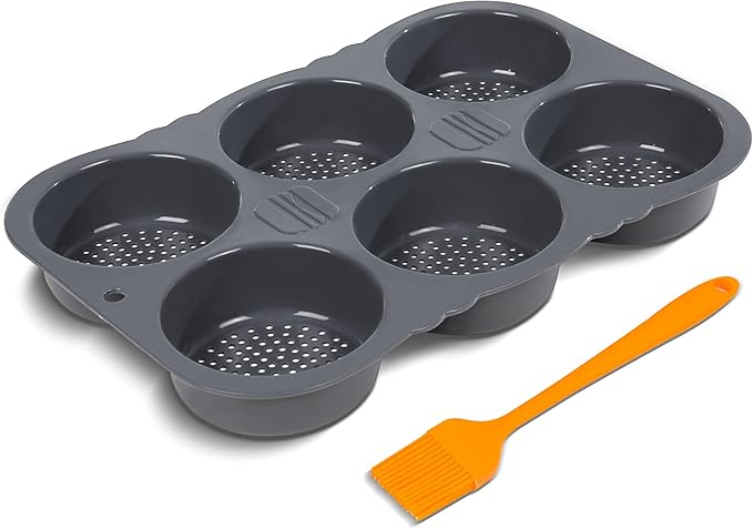 Hamburger Bun Pan, Non-Stick Silicone - Oven-Safe, Vented 6-Cavity Baking Mold, Dishwasher Safe with Basting Brush