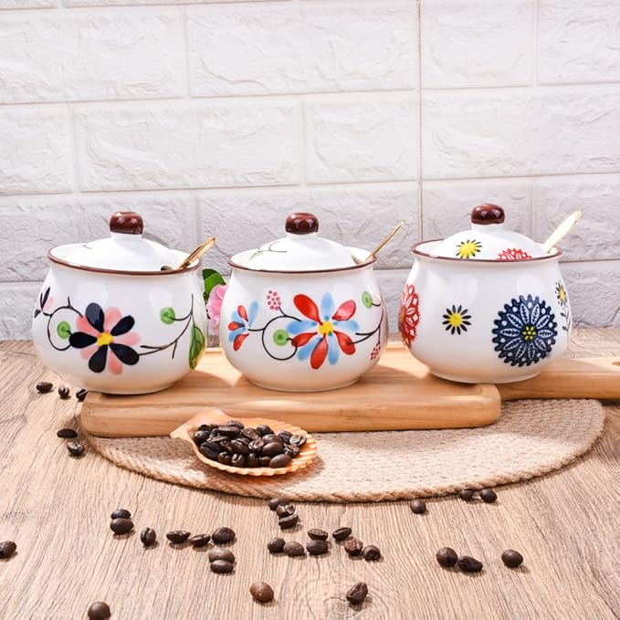 Porcelain Sugar Bowls with Lid and Spoons, Ceramic Seasoning Container for Home and Kitchen (LH)