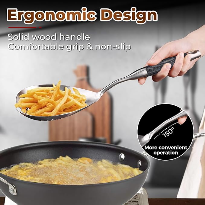 MARTE Skimmer Slotted Spoon,304 Stainless Steel Pasta Spider Strainer Ladle for Frying and Cooking,Set of 2 Kitchen Colanders & Food Strainers，Serving Spoon with Heat-Resistant Solid Wood Handle