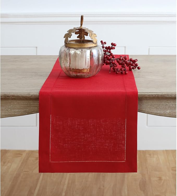 Solino Home Linen Red Table Runner 144 Inches Long - 100% Pure Linen Extra Long Table Runner 14 x 144 Inch for Valentines, Winter - Classic Hemstitch