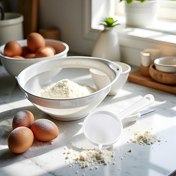 White Mesh Kitchen Sifter, Plastic Mesh Strainers Sieve, Colanders and Sieve with Handle for Tea Pasta Flour Rice Fruits Vegetable, Food Strainers