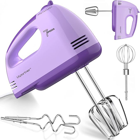 LILPARTNER Hand Mixer Electric, Small Food Mixer 7 Speeds Handheld Blender,304 *(1* Whisk, 2* Beater, 2*Dough Hook) Kitchen Blender for Cream, Cookies, Dishwasher Safe, Purple