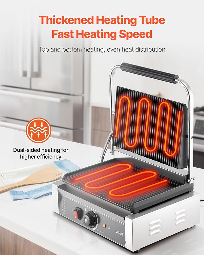VEVOR Commercial Panini Grill, 1800W Electric Sandwich Panini Maker, Stainless Steel Sandwichs Press with Handle and Temp Control, 13.5x9.3 in Full Grooved Enamel Plate, for Hamburger Steak Bacon
