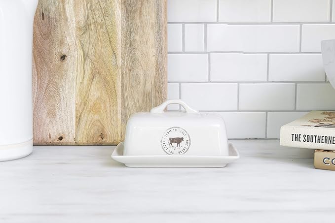 Creative Co-Op Stoneware Butter Dish with Cow Decal