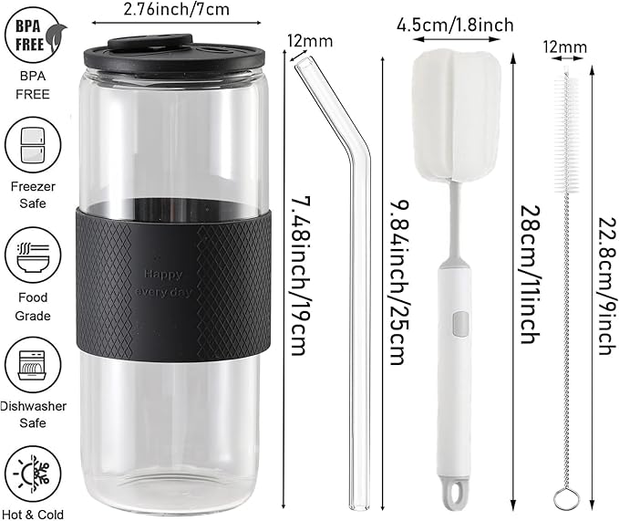 24oz Can Shaped Glass Cups with Silicone Lids and Glass Straw, 2PCS Drinking Glasses with Lids and Straws, and Silicone Sleeves, Beer Glasses, Iced Coffee Cups, Soda, Gift - Black