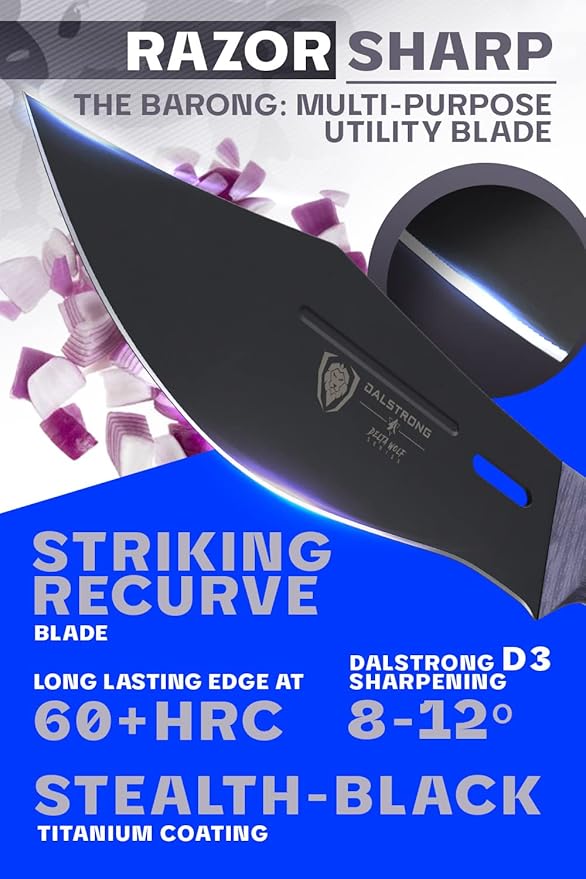 Dalstrong Barong Chef Knife - 7 inch - Delta Wolf Series Knife - Ultra-Thin & Zero Friction Blade - HC 9CR18MOV Steel Kitchen Knife - Black Titanium Nitride Coating - G10 Camo Handle - Leather Sheath