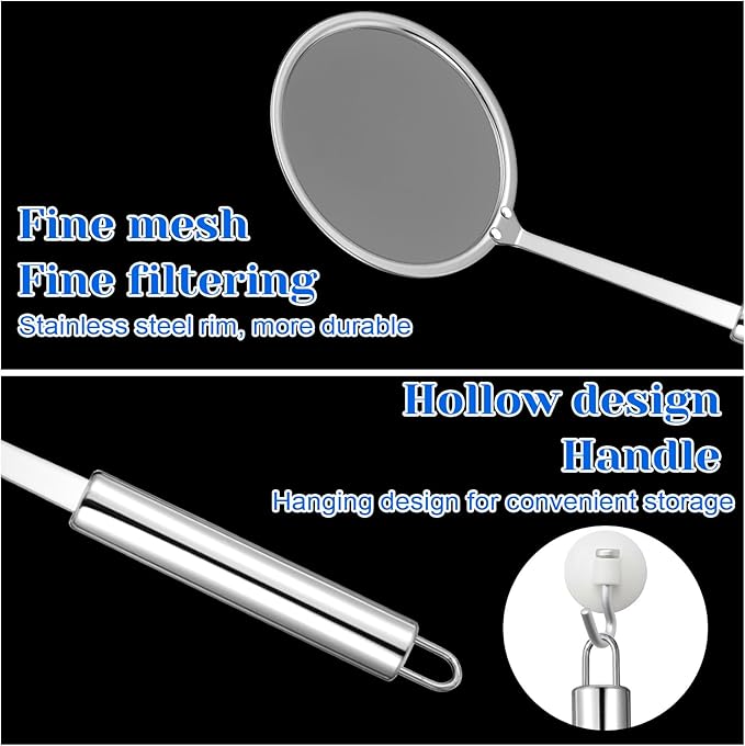 Fat Skimmer Spoon, Stainless Steel Fine Mesh Strainer - Fat Skimmer For Cooking, Food Strainer for Grease, Foam & Oil - 2 Pack (10cm & 12cm)