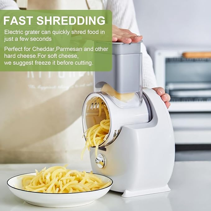 Electric Cheese Grater,3 In 1 Electric Grater For Home Kitchen,One-Touch Easy Control Salad Shooter Cheese Grater For Block Cheese Vegetable Cucumber Nuts(Milky-White)