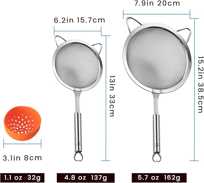 Stainless Steel Fine Mesh Strainer Set – 1 Large Flour Sifter with Sturdy Handle + 1 Small Mesh Sieve for Pasta & Rice + 1 Silicone Can Strainer – Stable, Durable, Dishwasher Safe, 5-Year Warranty