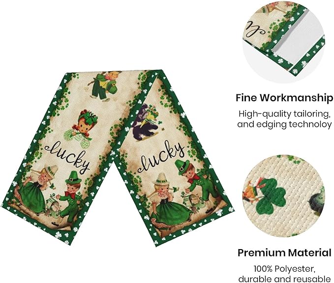 Vintage St. Patrick's Day Table Runner St Patricks Day Decorations - Green Lucky Vintage Style Boys Girls Clover Spring Home Kitchen Dining Table Decor, St Patricks Day Party Decorations 13x72 Inch