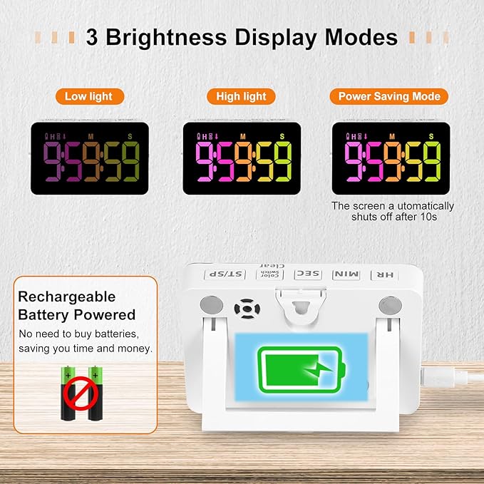 Kitchen Digital Timer, Count Down Up, Rechargeable, Vibration Mode Adjustable Volume and Brightness LED Display, Time Management Cook, Desk, Kids Adults Study Teaching, Kitchen Gadgets RGB