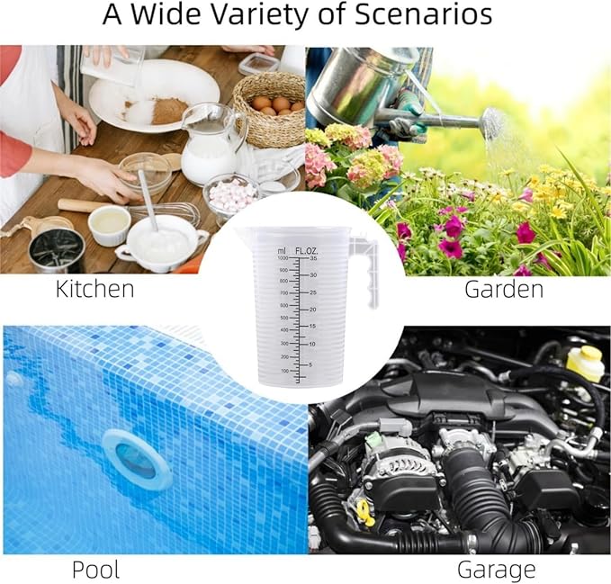 Large Measuring Measure Pitcher for Kitchen, 35oz/1000ml Transparent Plastic Container with Handle, Dual Scale Markings (35oz / 1000ml)