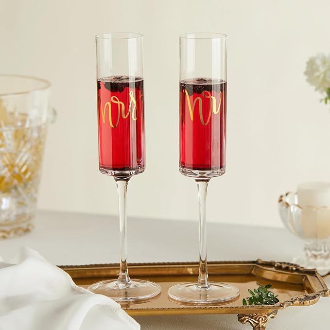 AW BRIDAL Mr and Mrs Champagne Flutes Set of 2, Engagement Bridal Shower Gifts for Couple Newlyweds, Wedding Anniversary Toasting Glasses with Wooden Box for Bride Groom