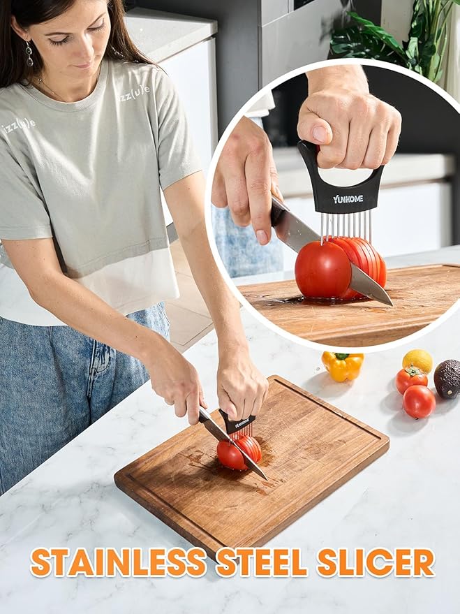 Onion Slicer Holder, Stainless Steel Onion Holder for Slicing, Tomato Slicer Vegetable Chopper Tool for Lemon Avocado, Food Slicer Assistant Tool for Fruit, Meat Tenderizer, Food Slicing Guide