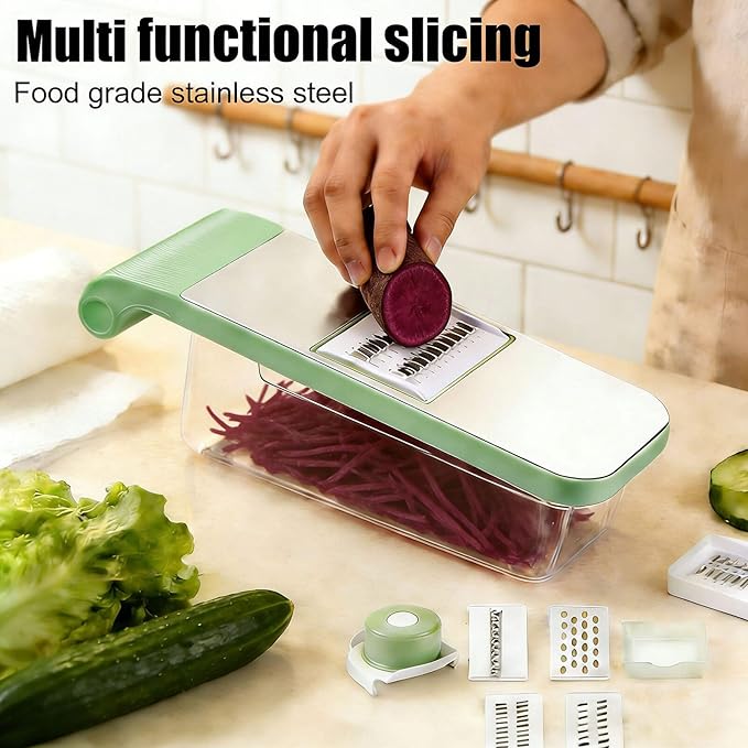 5-in-1 Mandoline Manual Food Chopper - Multifunctional Vegetable Cutter with Container, Stainless Steel Blades for Potato Slicer, Fruit Cutter, Hand Cheese Grater | Essential Kitchen Gadgets